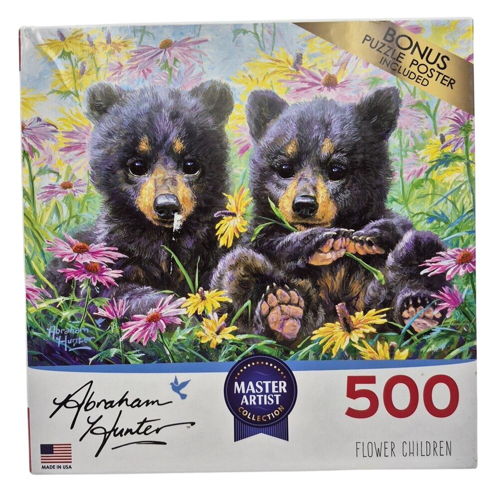 RoseArt Master Artist Flower Children Bear Cubs 500-Piece Puzzle 24x18" Complete